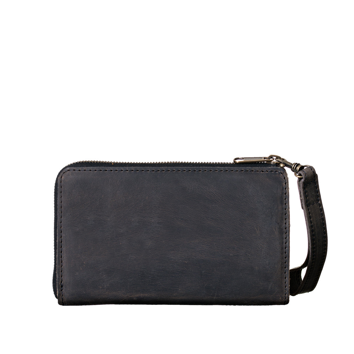 Medium Wristlet Leather Wallet in black, plain back view with zipper and wrist strap