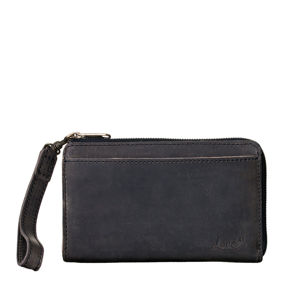 Medium Wristlet Leather Wallet in black, front slip pocket with embossed logo and wrist strap