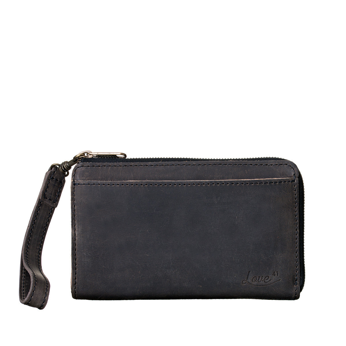 Medium Wristlet Leather Wallet in black, front slip pocket with embossed logo and wrist strap