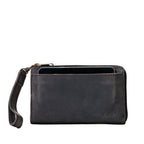 Medium Wristlet Leather Wallet in black, phone tucked in front slip pocket with wrist strap