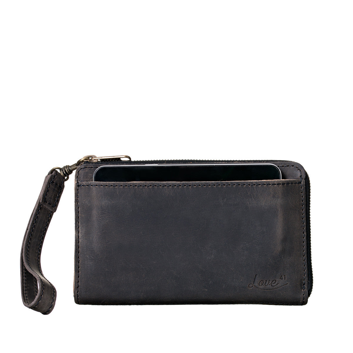 Medium Wristlet Leather Wallet in black, phone tucked in front slip pocket with wrist strap