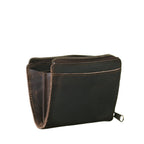 Medium Wristlet Leather Wallet in dark brown, standing partly unzipped to show expandable side gussets