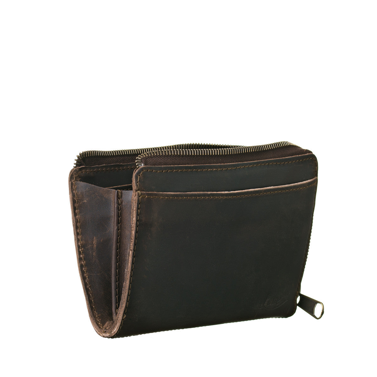 Medium Wristlet Leather Wallet in dark brown, standing partly unzipped to show expandable side gussets