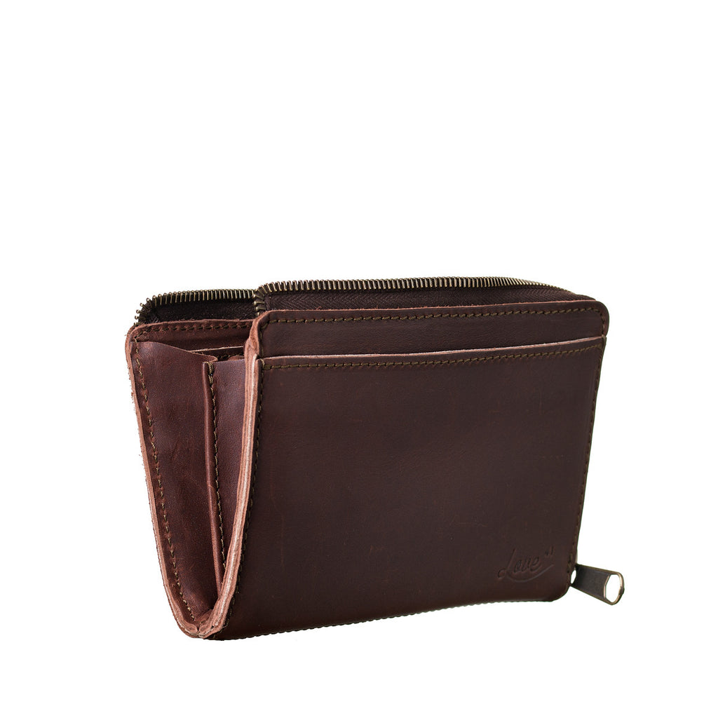 Medium Wristlet Leather Wallet in burgundy brown, standing partly unzipped to show side gussets