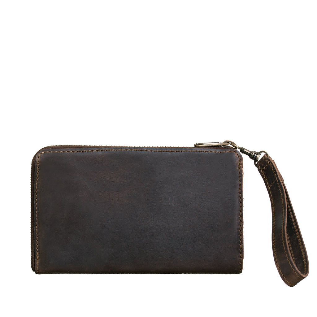 Medium Wristlet Leather Wallet in dark brown, plain back view with zipper and wrist strap