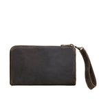 Medium Wristlet Leather Wallet in dark brown, plain back view with zipper and wrist strap