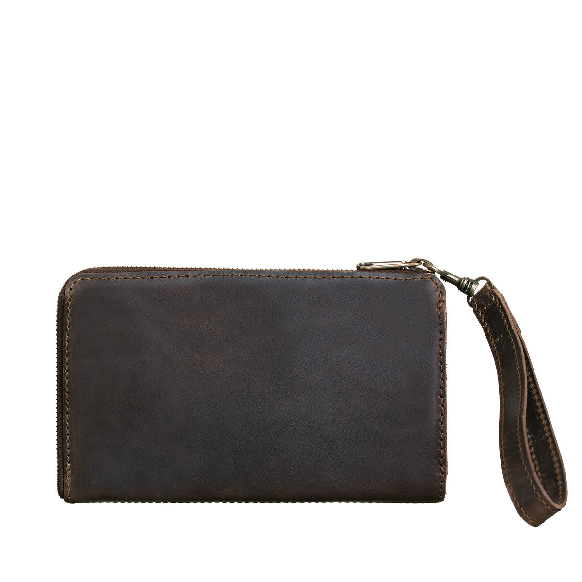 Medium Wristlet Leather Wallet in dark brown, plain back view with zipper and wrist strap