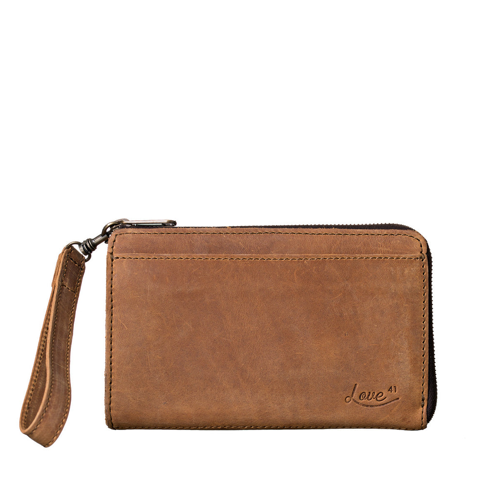 Medium Wristlet Leather Wallet in brown, front slip pocket with embossed logo and wrist strap