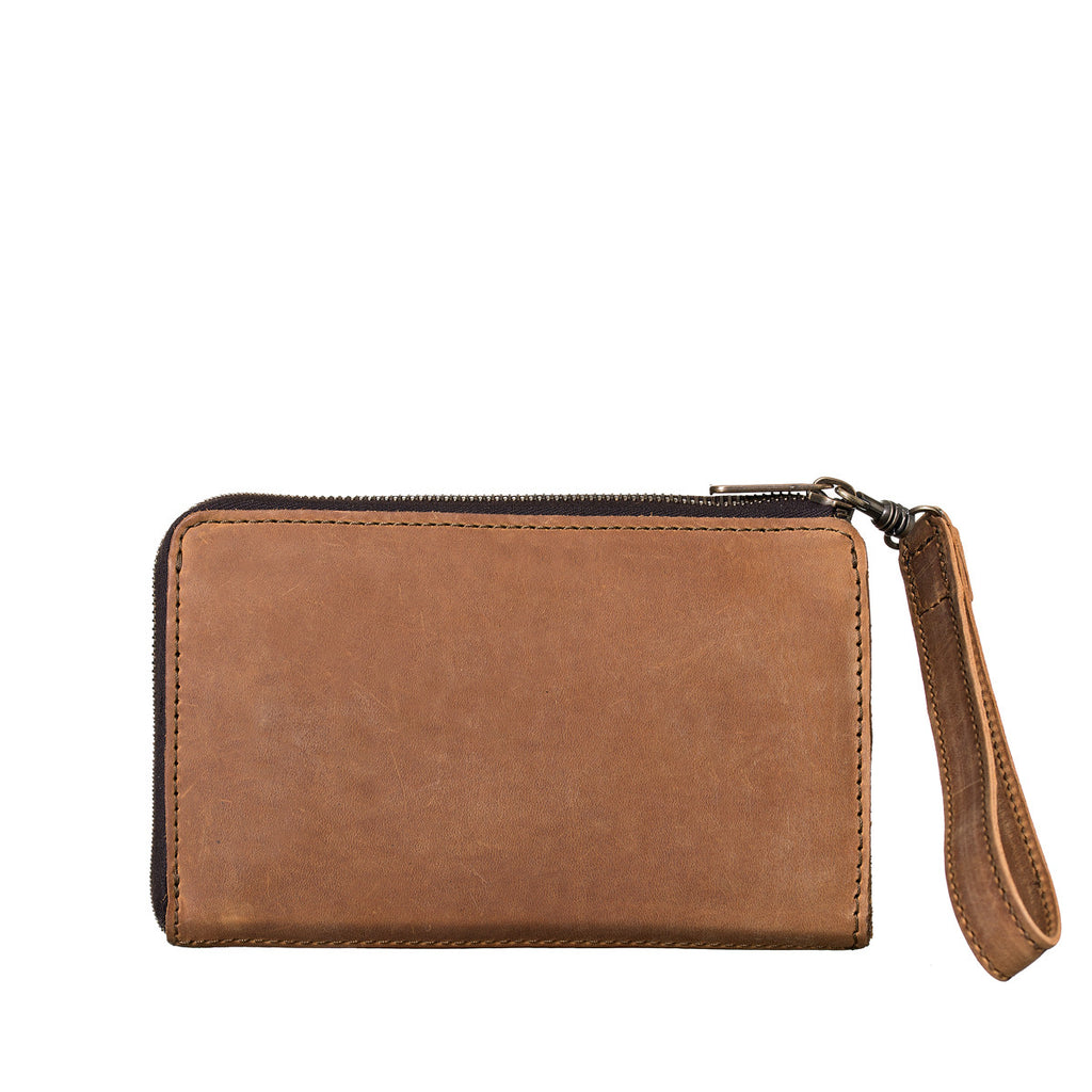 Medium Wristlet Leather Wallet in brown, plain back view with zipper and wrist strap