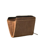 Medium Wristlet Leather Wallet in brown, standing partly unzipped to show expandable side gussets