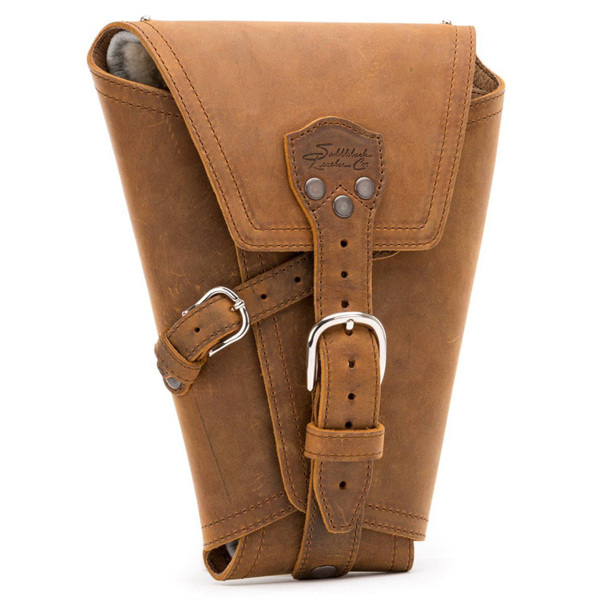 Leather Pistol Wrap in Tobacco, front view folded closed with two buckle straps and logo patch