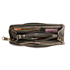 Medium Wristlet Leather Wallet in black, unzipped showing cards, cash and coin pocket
