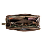 Medium Wristlet Leather Wallet in dark brown, unzipped showing cards, cash and coin pocket