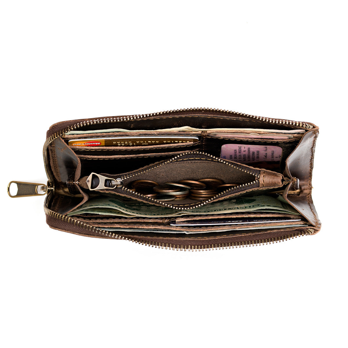 Medium Wristlet Leather Wallet in dark brown, unzipped showing cards, cash and coin pocket