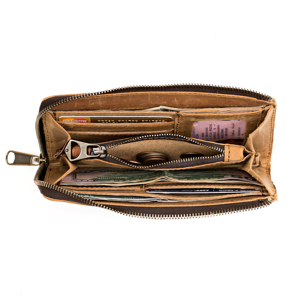 Medium Wristlet Leather Wallet in tan, unzipped showing cards, cash and coin pocket