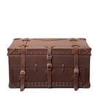 Leather Trunk in Chestnut, closed front view with three buckled straps, studded trim and corner guards