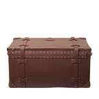 Leather Trunk in Chestnut, closed back view with two vertical straps, studded trim and corner guards