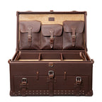 Leather Trunk in Chestnut, open lid with three buckled pockets above a divided top tray and strapped front