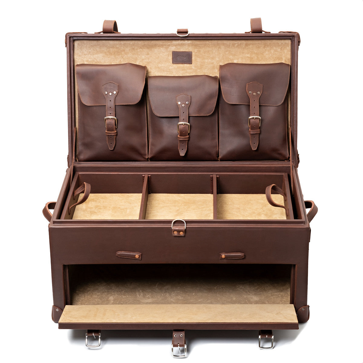 Leather Trunk in Chestnut, fully open with lid pockets, divided top tray and empty drop-front drawer