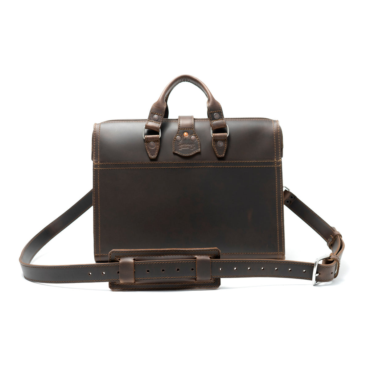 Flight Bag Leather Briefcase in dark brown, back view with slip pocket and padded shoulder strap