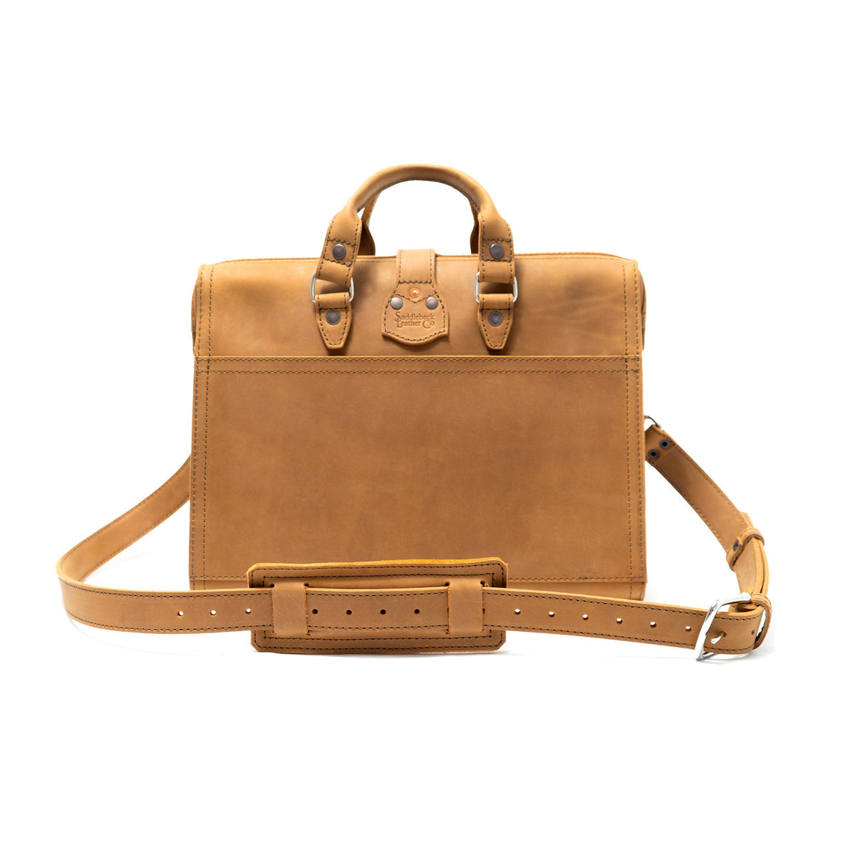 Flight Bag Leather Briefcase in tan, back view with slip pocket and padded shoulder strap