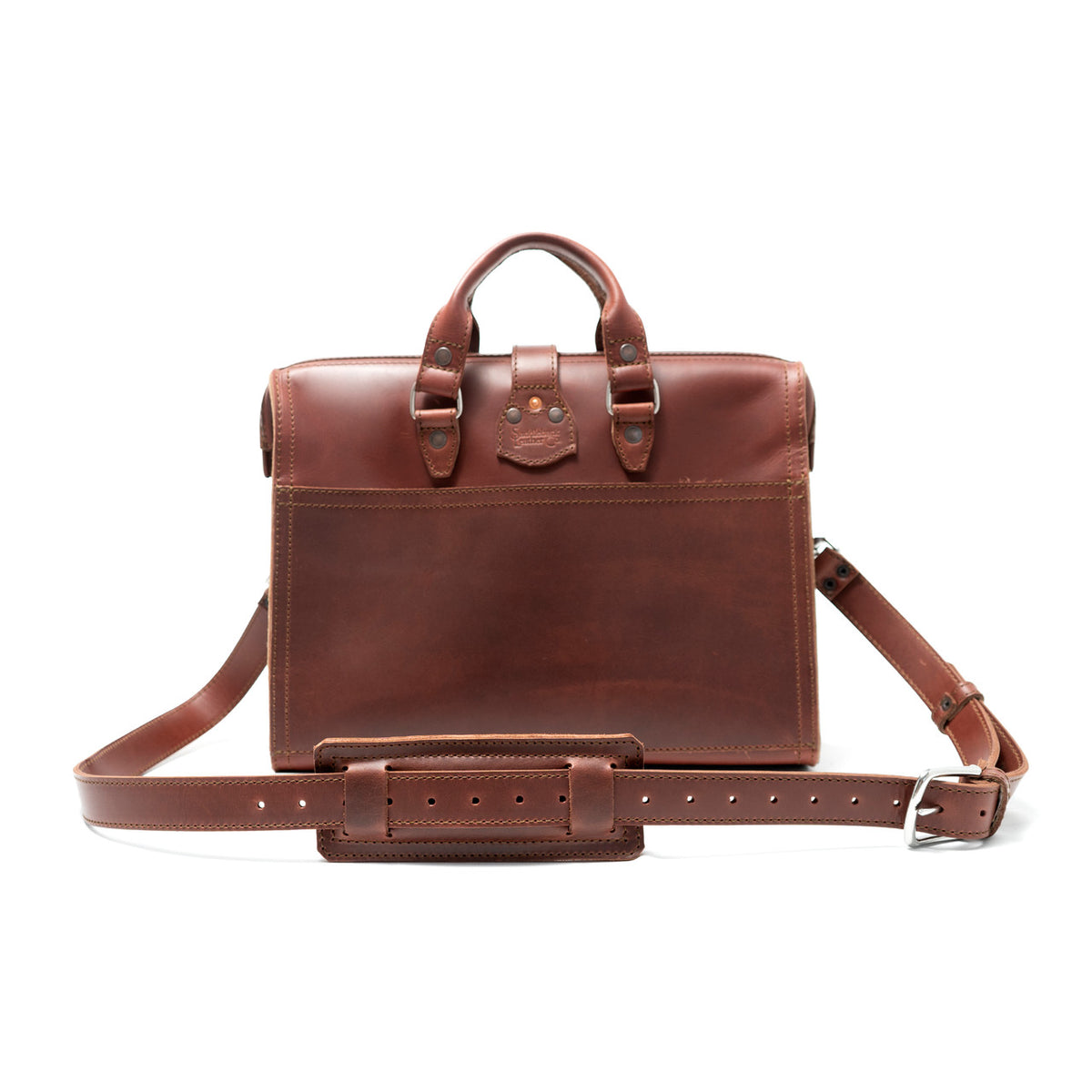 Flight Bag Leather Briefcase in chestnut, back view with slip pocket and padded shoulder strap