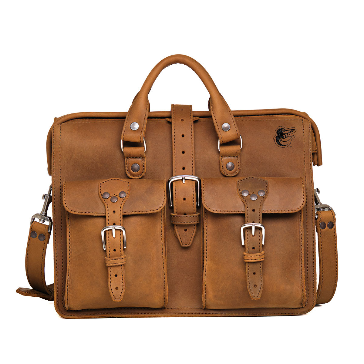 Flight Bag Leather Briefcase - Baltimore Orioles in Tobacco, front view with embossed team logo and buckled pockets