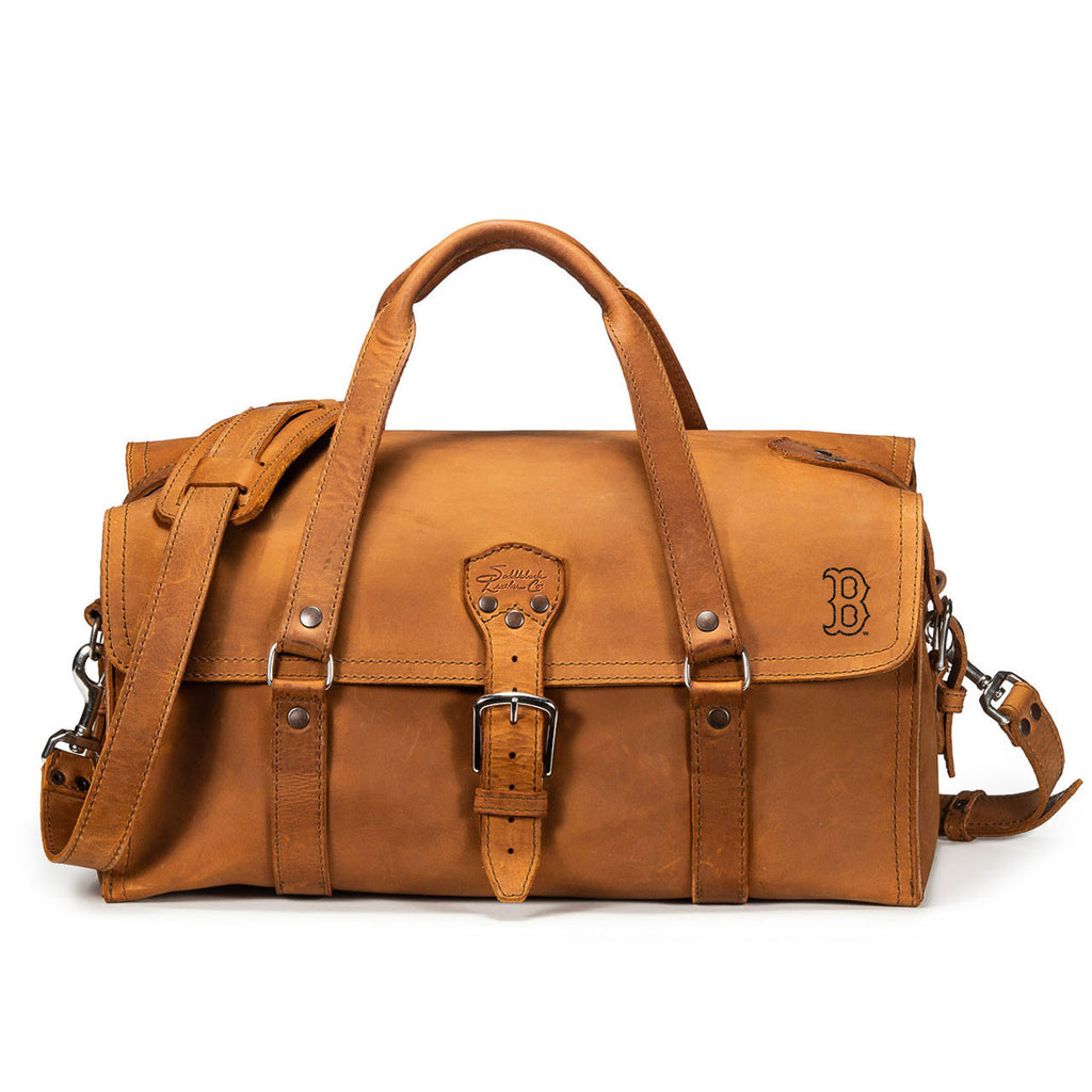 20" Baby Beast Duffle Bag in Tobacco with Boston Red Sox logo, front view with shoulder strap