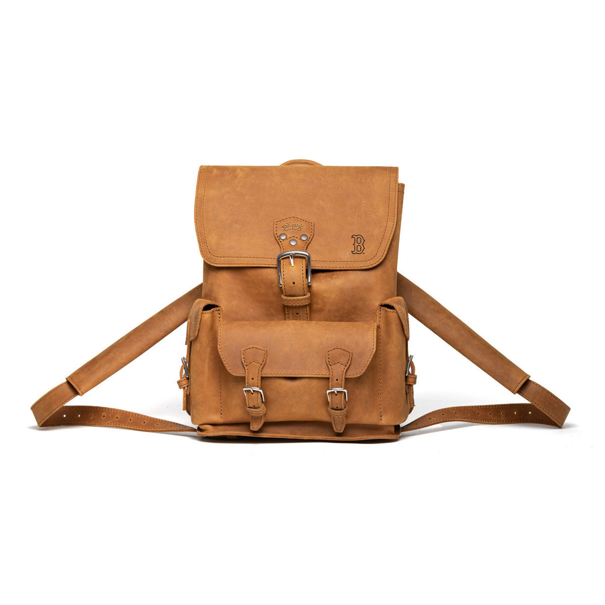 Front Pocket Leather Backpack - Boston Red Sox in Tobacco, front view with embossed Red Sox logo