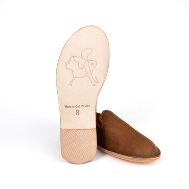 Barefoot Slip-on Shoes in Tobacco showing the stamped leather sole and side profile