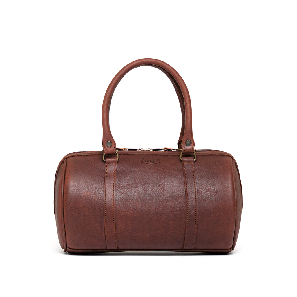 Everyday Barrel Bag in Chestnut, front view with rolled top handles