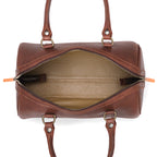 Everyday Barrel Bag in Chestnut, top-down view unzipped showing the lined interior