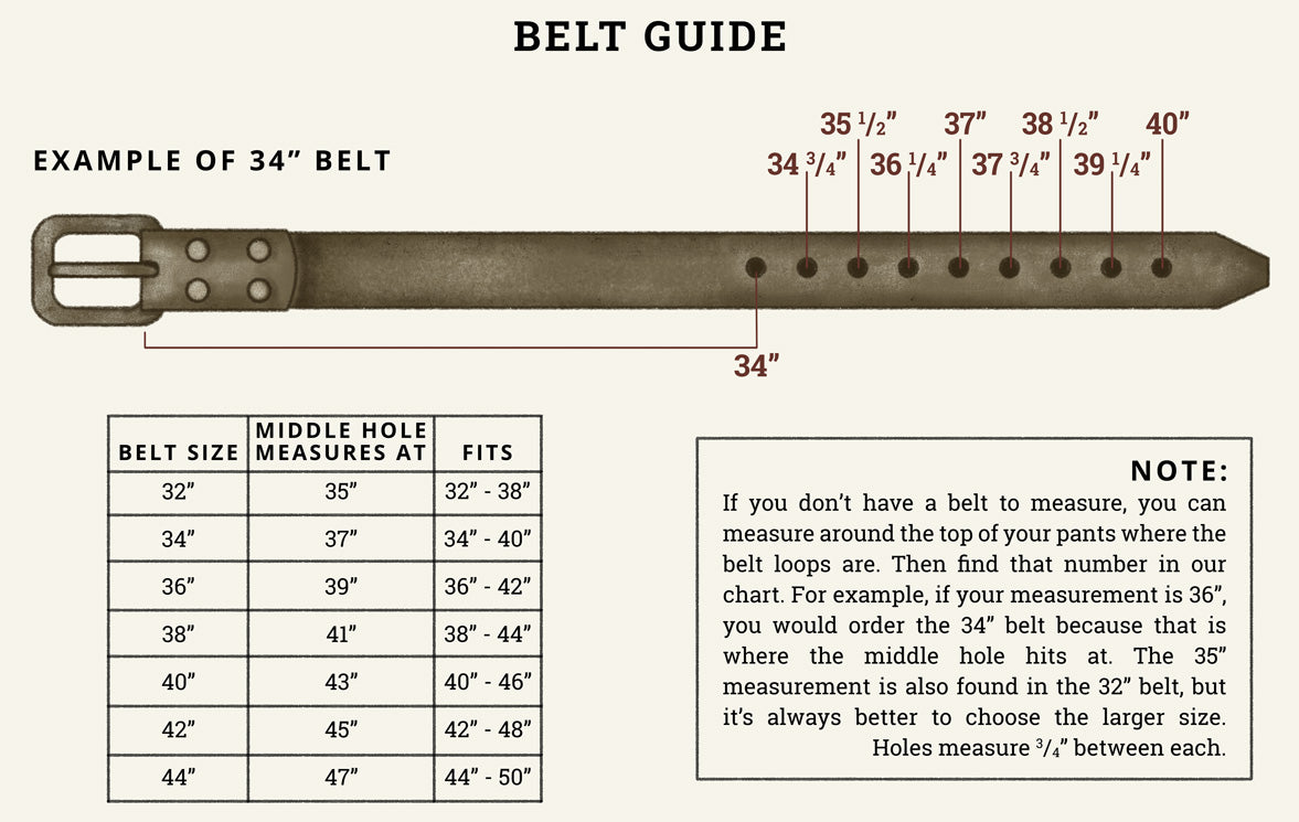 Leather Tow Belt guide showing a 34 inch belt with hole measurements and a belt size chart