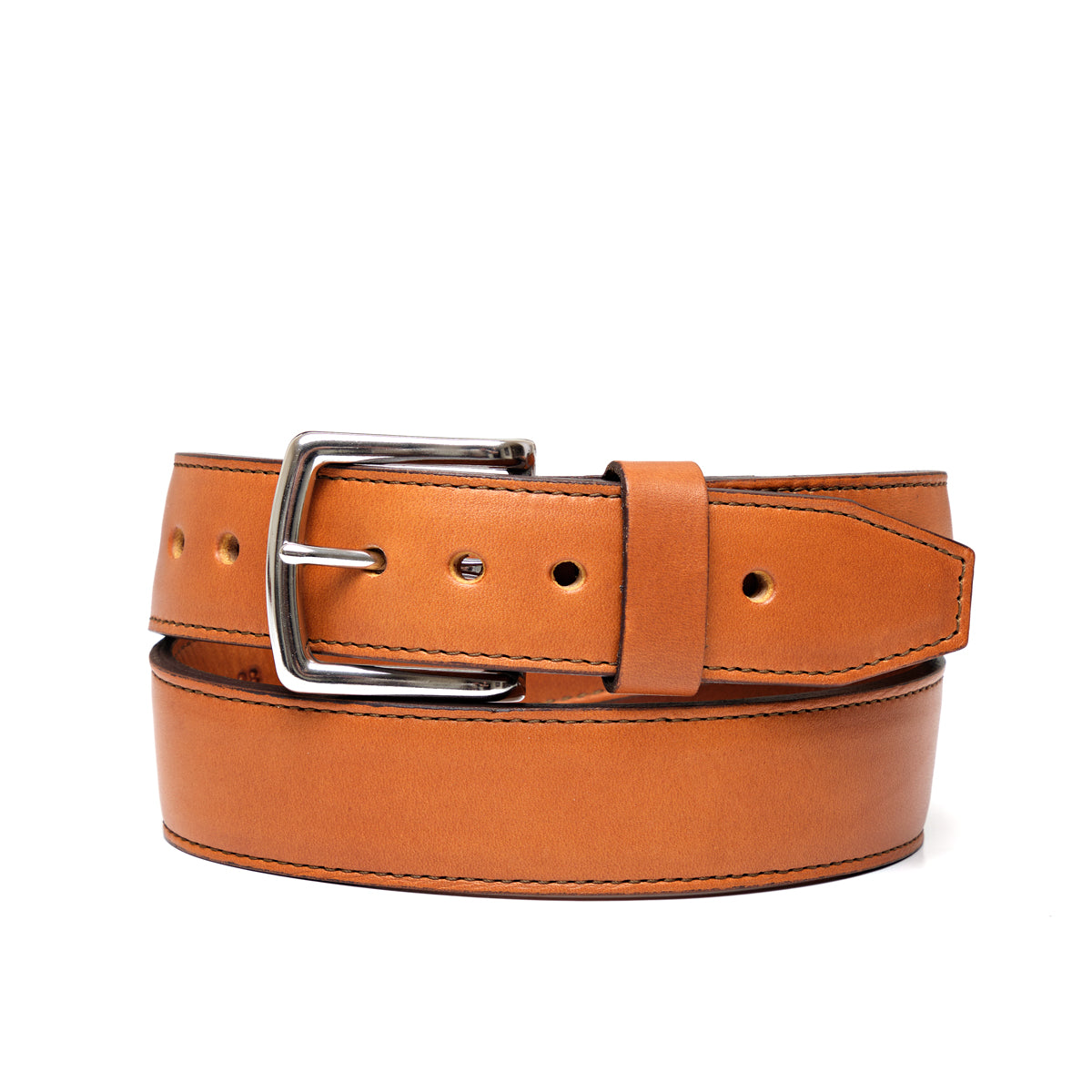Italian Casual Belt in English Tan, buckled loop with silver buckle and stitched edges