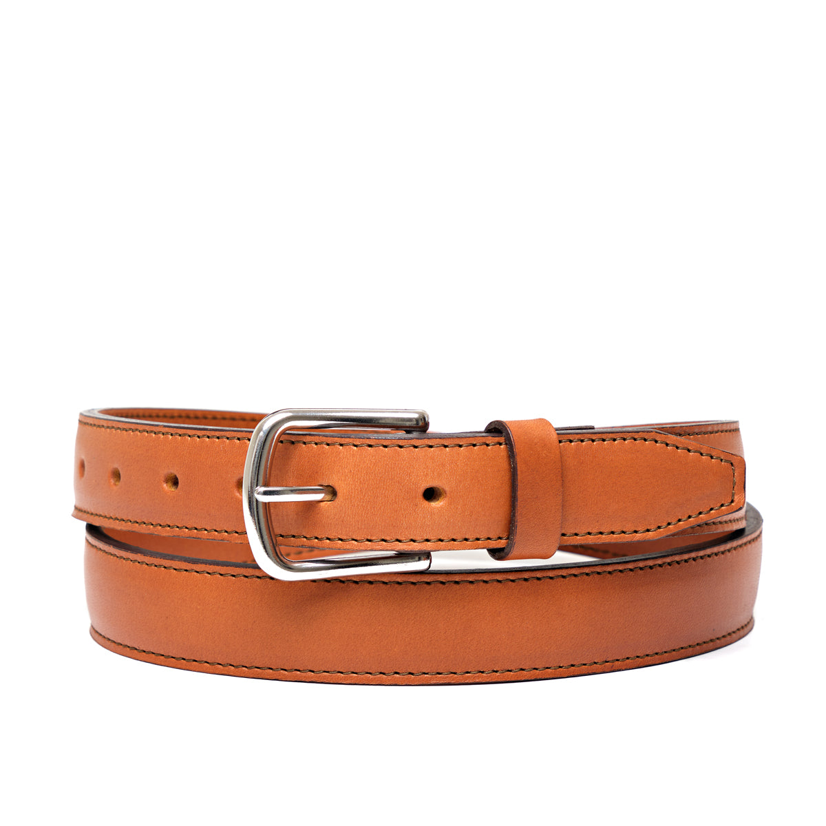 Italian Dress Belt in English Tan, buckled loop with silver buckle and stitched edges