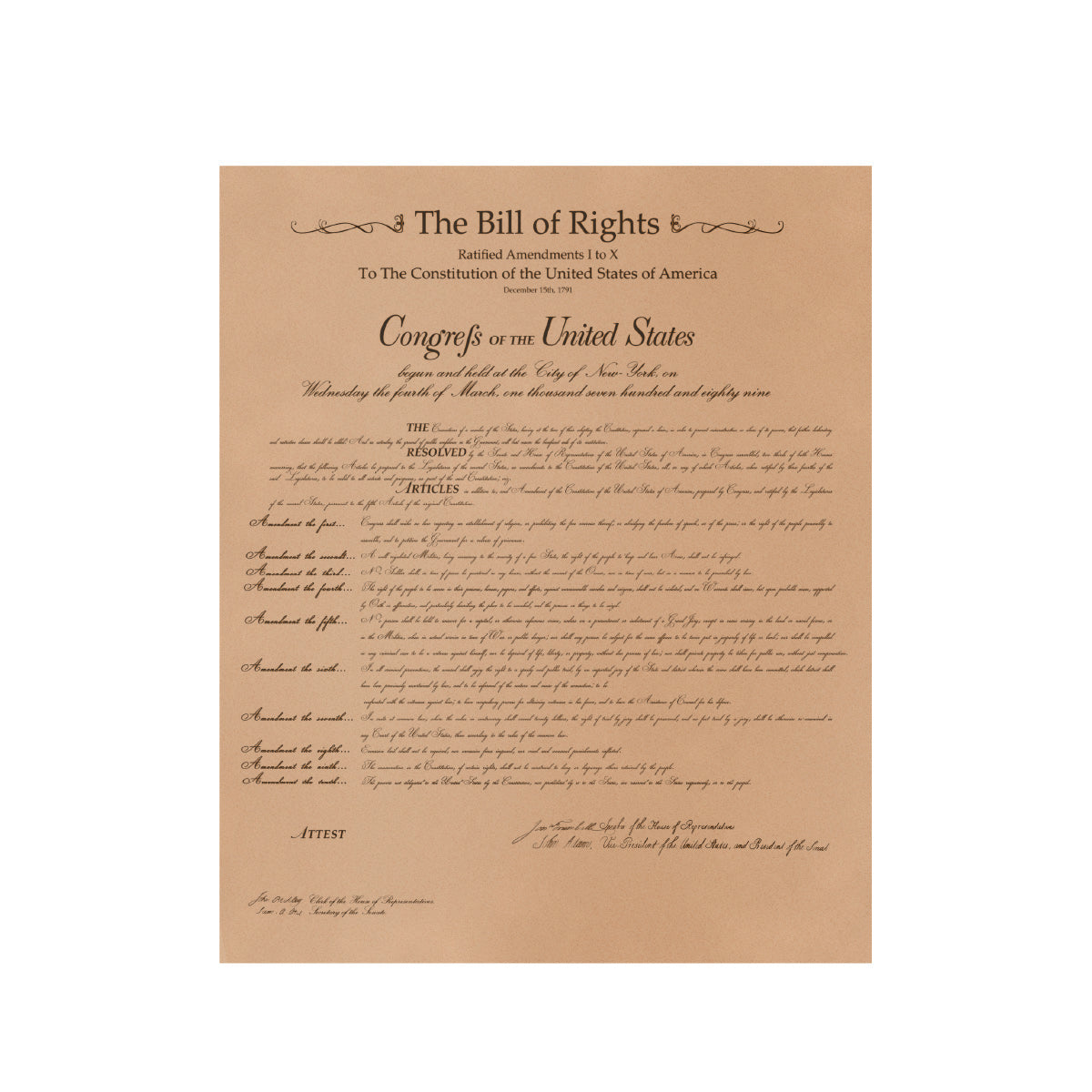 Leather Bill of Rights - Natural, front view of the full text printed on natural tan leather, unframed