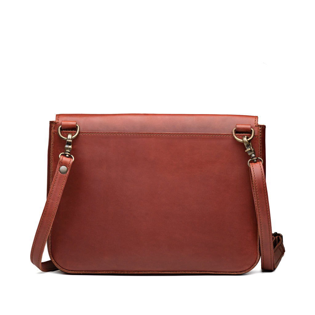 Magnetic Fold Over Bag Large in Chestnut, back view with empty rear slip pocket and shoulder strap