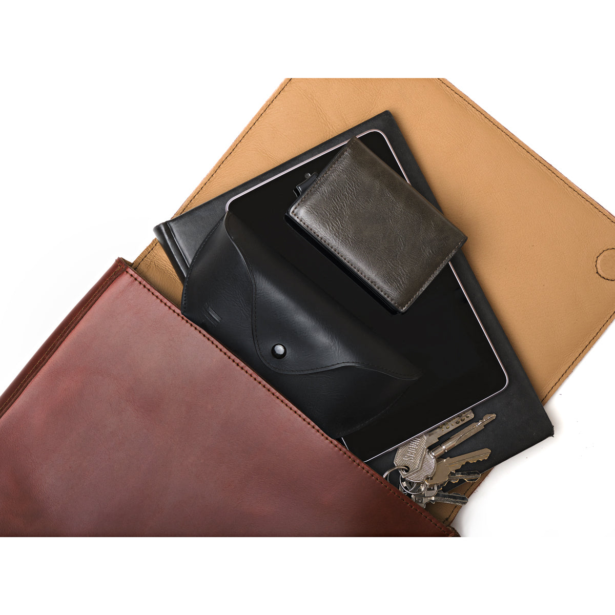 Magnetic Fold Over Bag Large in Chestnut, flap open with a tablet, sunglasses case, wallet and keys inside