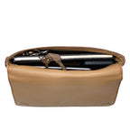 Magnetic Fold Over Bag Large in Chestnut, close-up of the open top with suede lining holding a laptop and keys