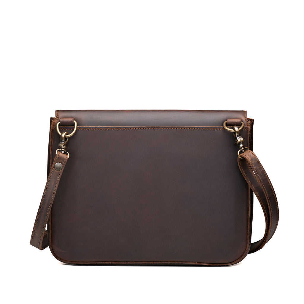 Magnetic Fold Over Bag Large in Dark Coffee Brown, back view with empty rear slip pocket and shoulder strap