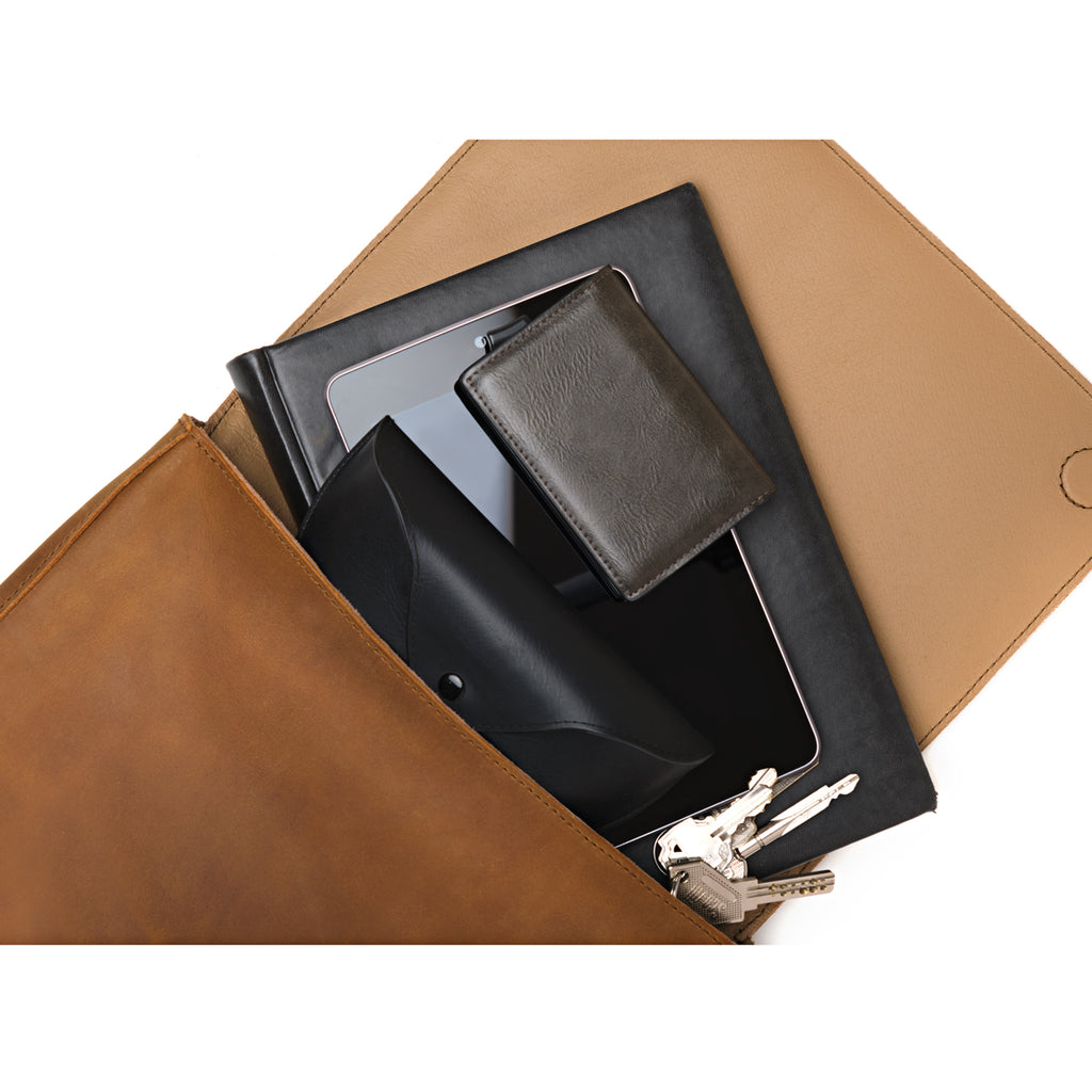 Magnetic Fold Over Bag Large in Tobacco, flap open with a tablet, sunglasses case, wallet and keys inside