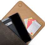 Magnetic Fold Over Bag Medium in Black, close-up of magnetic flap opened over a phone and cards