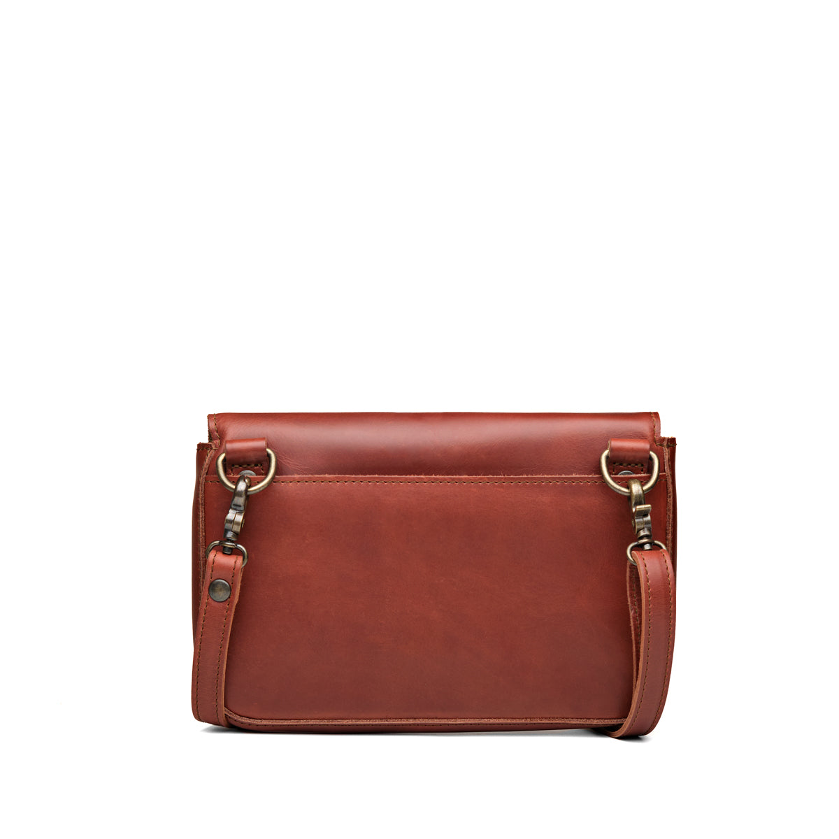 Magnetic Fold Over Bag Medium in Chestnut, back view with rear slip pocket and strap clips