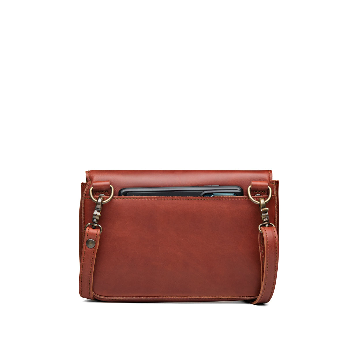 Magnetic Fold Over Bag Medium in Chestnut, back view with a phone in the rear slip pocket