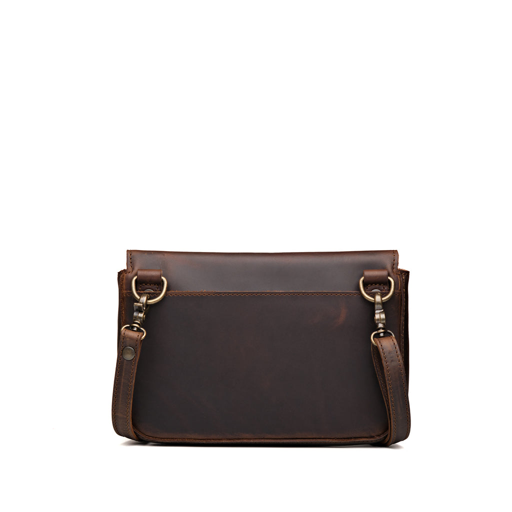 Magnetic Fold Over Bag Medium in Dark Coffee Brown, back view with rear slip pocket and strap clips
