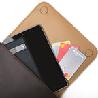 Magnetic Fold Over Bag Medium in Dark Coffee Brown, close-up of magnetic flap opened over a phone and cards