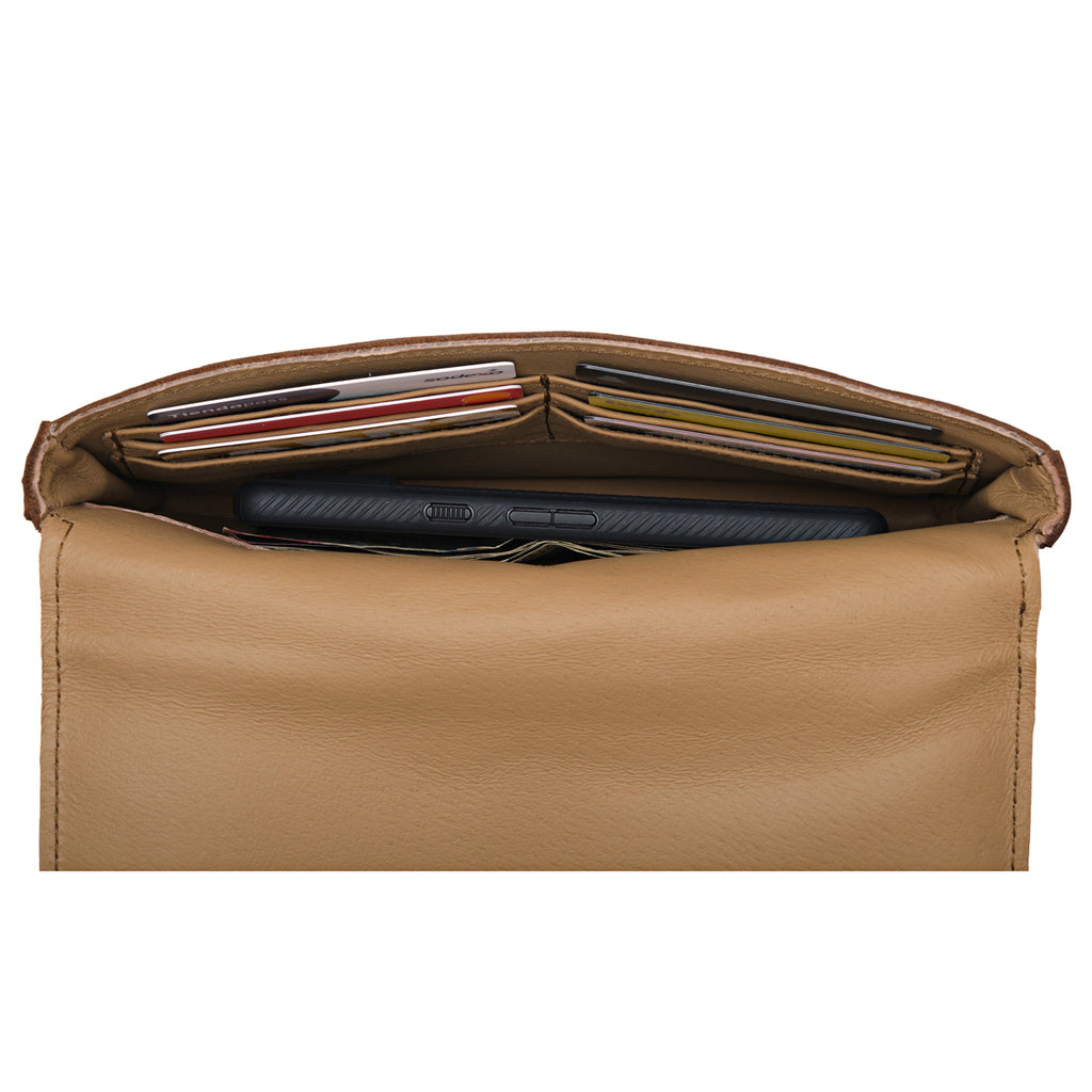 Magnetic Fold Over Bag Medium in Dark Coffee Brown, flap open showing interior card slots with cards and a phone