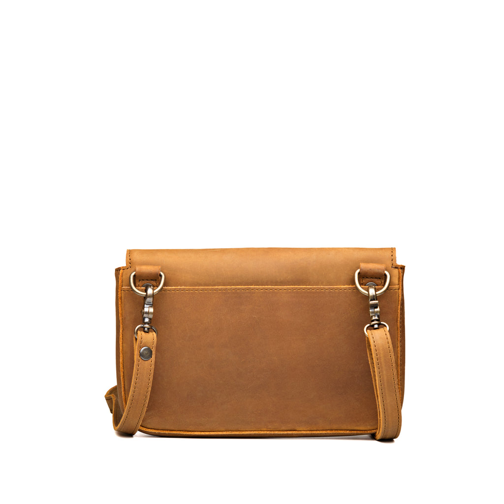 Magnetic Fold Over Bag Medium in Tobacco, back view with rear slip pocket and strap clips