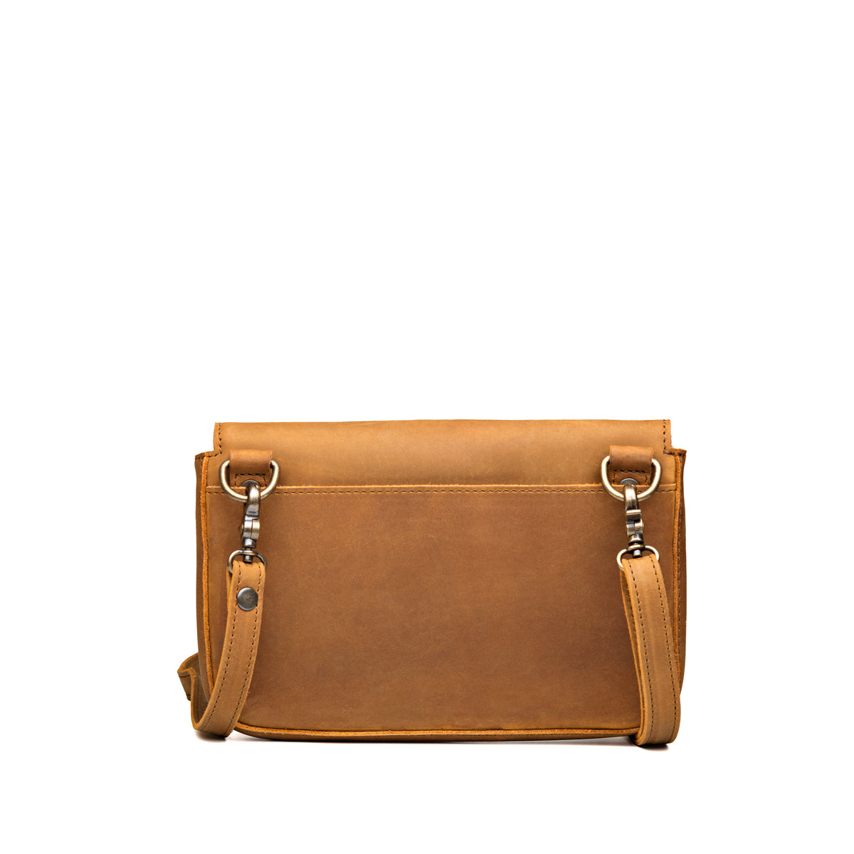 Magnetic Fold Over Bag Medium in Tobacco, back view with rear slip pocket and strap clips