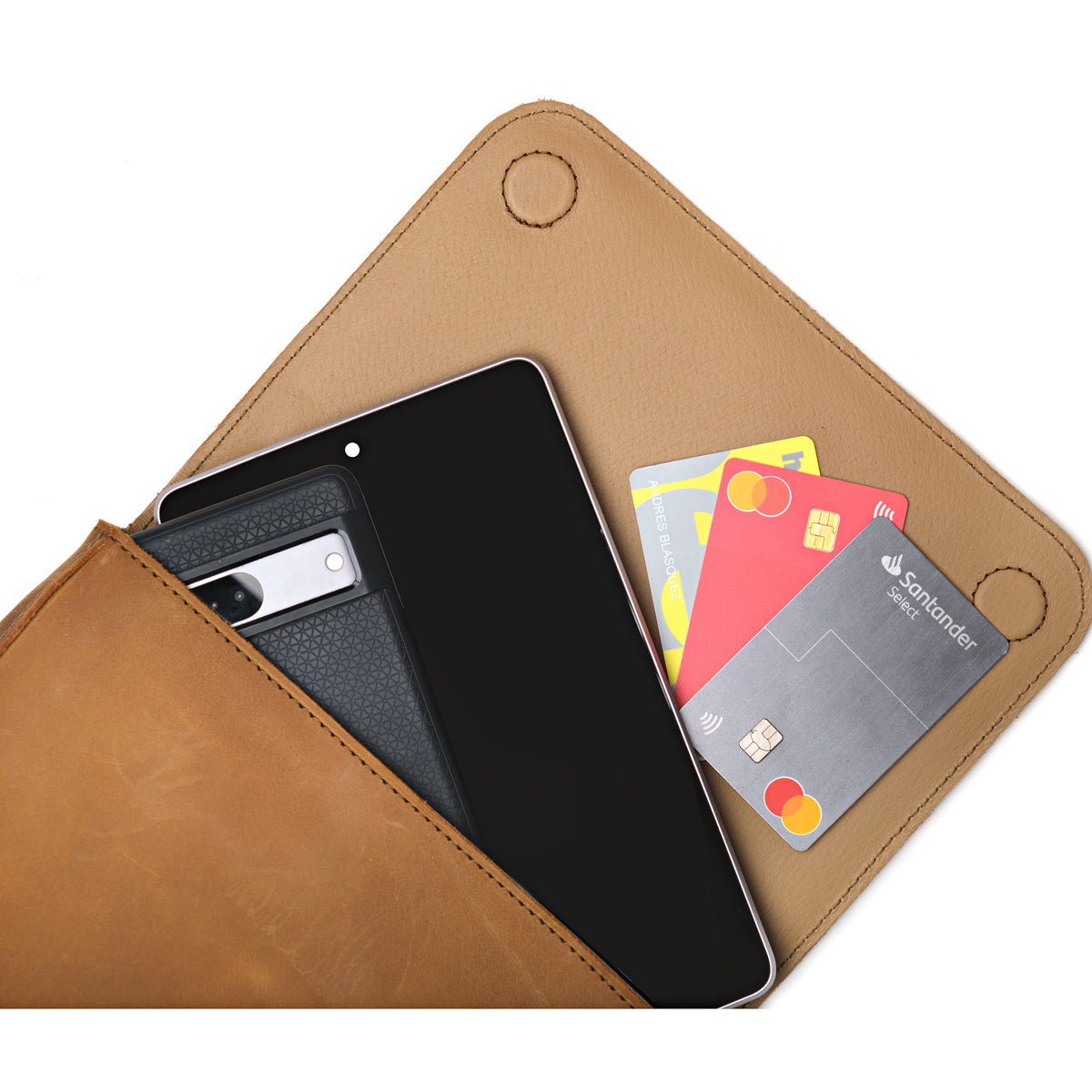 Magnetic Fold Over Bag Medium in Tobacco, close-up of magnetic flap opened over a phone and cards